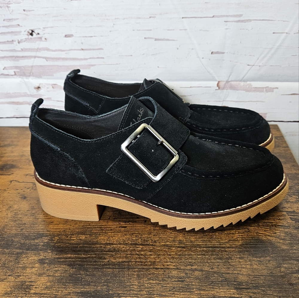 Clarks Black Suede Platform Loafers with Tan Lug Sole and Buckle